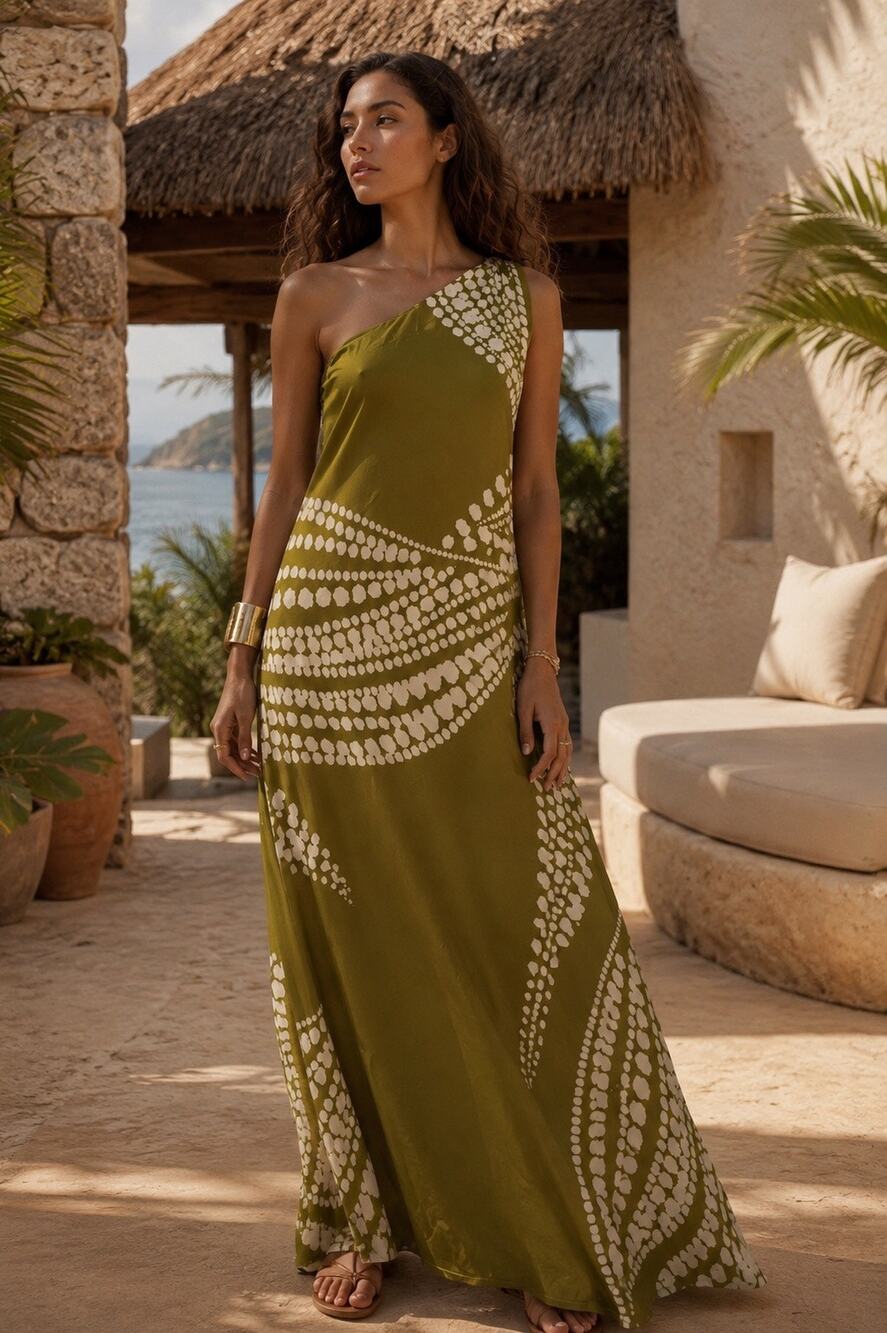 Traffic People GIA Silk Blend Green One Shoulder Polka Dot Maxi Dress Size XS